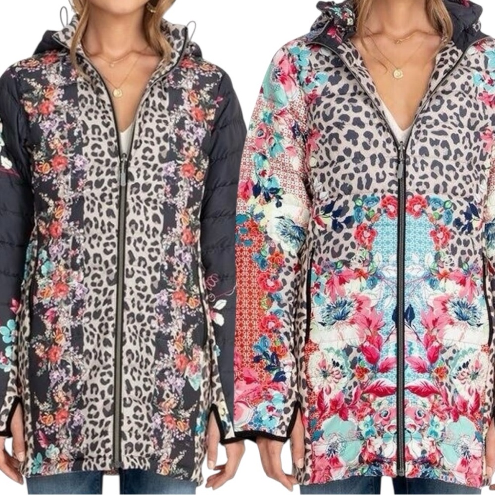 Johnny Was Lubello Reversible‎ Floral Leopard Boho Puffer Jacket Women's Small